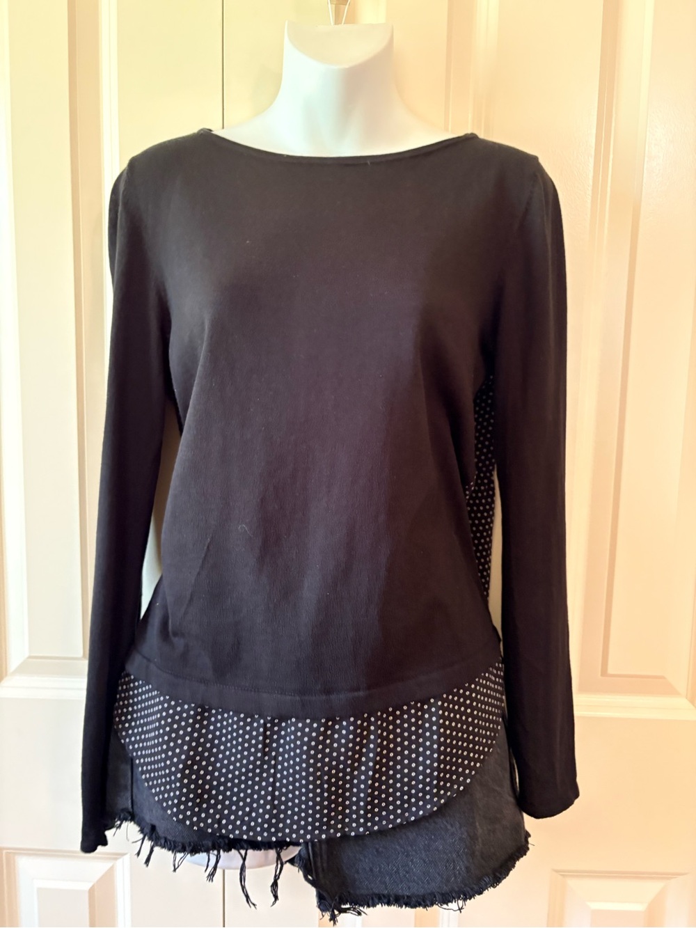 LOFT Black Layered Polka-Dot Hem Long Sleeve Top, high low style, size s